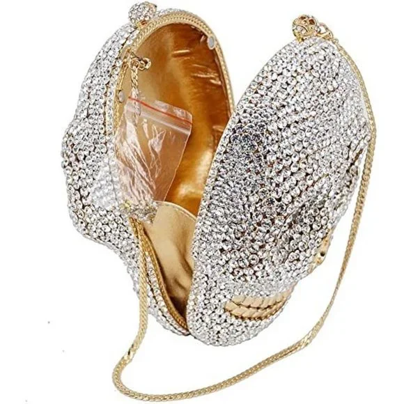 NWT Sparkling Bling Crystal Rhinestone Skull Clutch Purse Silver Gold +G… - Picture 7 of 11